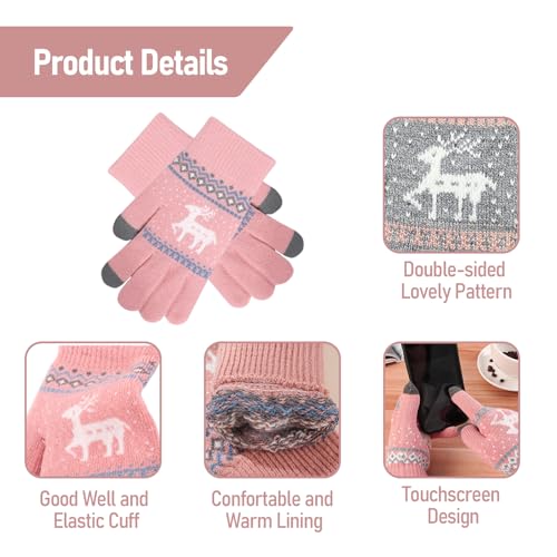 3 Paar Handschuhe Winter 3 Stück Stirnband Damen Winter,Touchscreen Handschuhe Damen mit Weihnachtlichem Rentiermuster,Weiches und Hautfreundliches Strickmaterial,Wärme im Freien,Pink,Grau,Schwarz