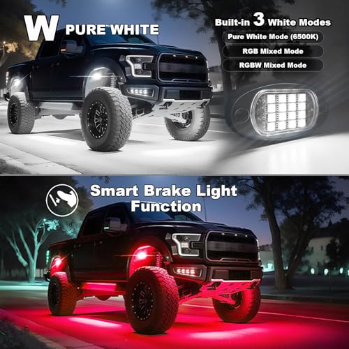 Image of 8 Pods RGBW LED Rock Lights Full Kit, 6500K Pure White and RGB Underglow for Jeeps Truck Golf Cart ATV UTV RZR Pickup, App /RF Remote Smart Brake Music Sync, Waterproof Offroad Underbody 12V
