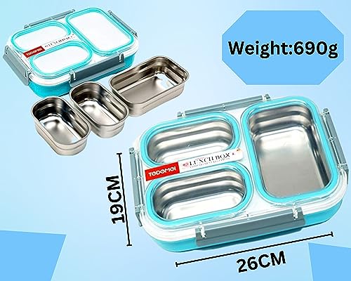 Image of Homesoul 3 Compartment Dinner Tiffin Box for Office, Inner Stainless Steel Lunch Box, 1.2 L (Blue)