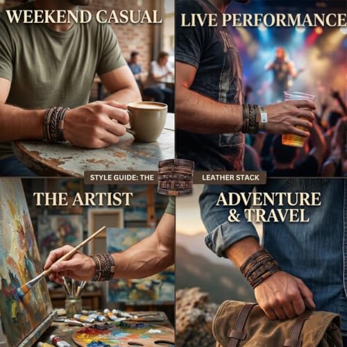 Image of Young & Forever Multi-Pack Men's Leather Bracelet Set - Braided Rope, Vintage Bead, Gothic Punk Skull, & Boho Wrapped Multi-Layer Cuff Wristbands, Adjustable Jewelry Pack