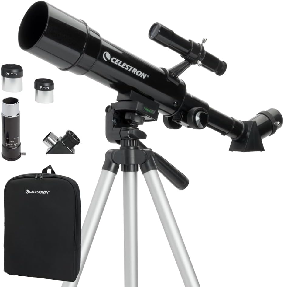 Celestron 21038 Travel Scope 50 Portable Refractor Telescope Kit with Backpack - includes Two Eyepieces, 3x Barlow Lens, 45° Erect Image Diagonal, Height-adjustable Tripod and Accessory Tray, Black