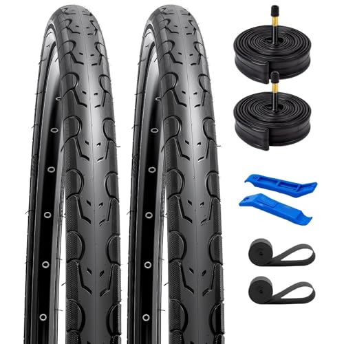 YUNSCM 700C Bike Tires 700x35C 37-622 and 700C Heavy Duty Bike Tubes Schrader Valve with 2 Rim Strips Compatible with 700 X35C 700x36C 700x37C 28x1 5/8x1 3/8 Bike Tires and Tubes-2-PCS (Y-1283)