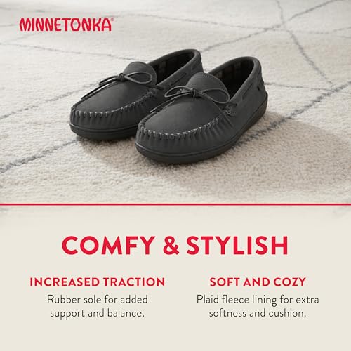 Image of Minnetonka Plaid Lined Hardsole - Moccasin Slippers for Men Made with Suede Upper, Rubber Sole, Plush Interior, Fleece Lining, Rawhide Lace, and Traditional Moccasin Design