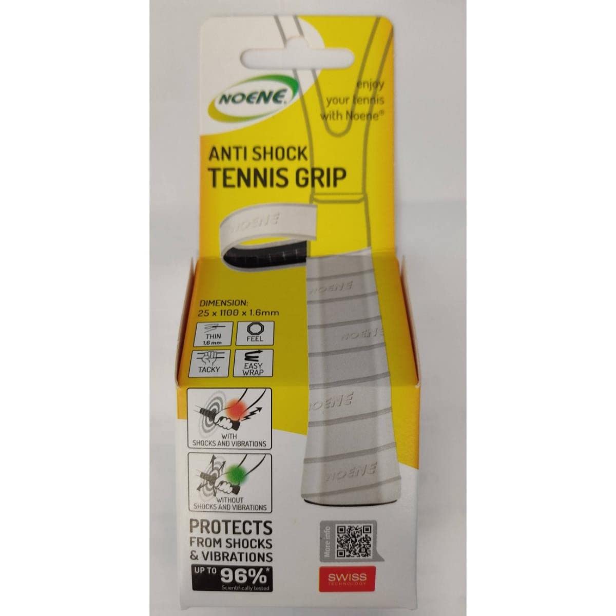 Noene Unisex – Adulto Tennis Grip Anti Shock Grip Nastro Bianco Larghezza 25 mm x Lunghezza 1.100 mm x Spessore 1,6 mm