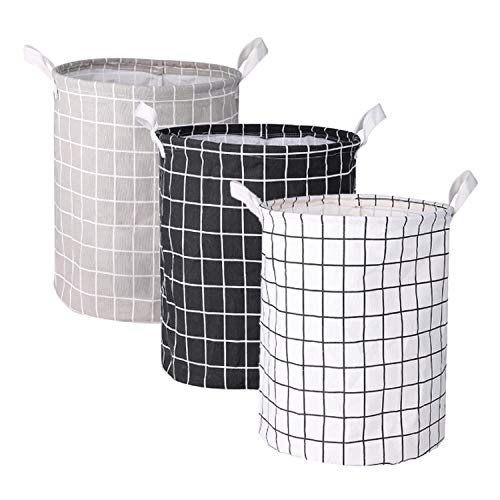Yuning Cesto para la Ropa,3 PCS Cesto para Guardar Ropa Sucia Plegable,Ronda Plegable Cestas de Almacenamiento,Plegable Cestas de Ropa Impermeable Algodón de Lino Bolsas （Gris Blanco y Negro）