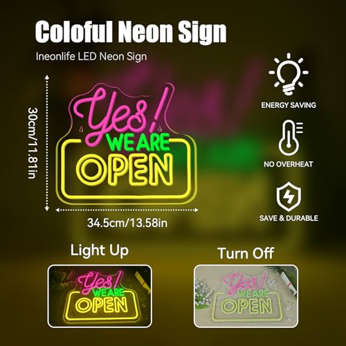Image of Ineonlife Open Neon Sign Light Up for Wall Decor Yes We Are Open Led Sign for business Acrylic Decoration for bar coffee shop restaurant cafe club party man cave Decorations 13.58x11.81 inch USB POWER