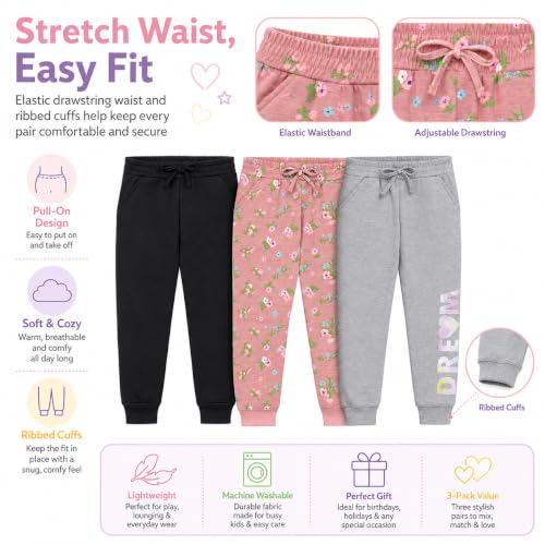 Image of BTween Kids Girls Fashion Stretch Waist Ultra Soft Jogger Pants Set 3 Pack Bundle