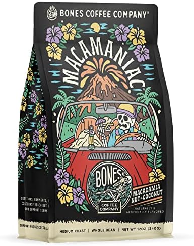 Bones Coffee Company Macamaniac Flavored Whole Coffee Beans Macadamia and Coconut Flavor | 12 oz Flavored Coffee Gifts Low Acid Medium Roast Flavored Coffee Beverages (Whole Bean)