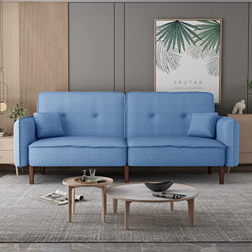 Koihome Leisure Futon Sofa Bed With Adjustable For Backrest, Sleeper Couch Chaise With 2 Pockets, Upholstered Loveseat With 2 Pillows For Living, Bedroom,Office,Waiting Room, Polyester, Blue #TOP9