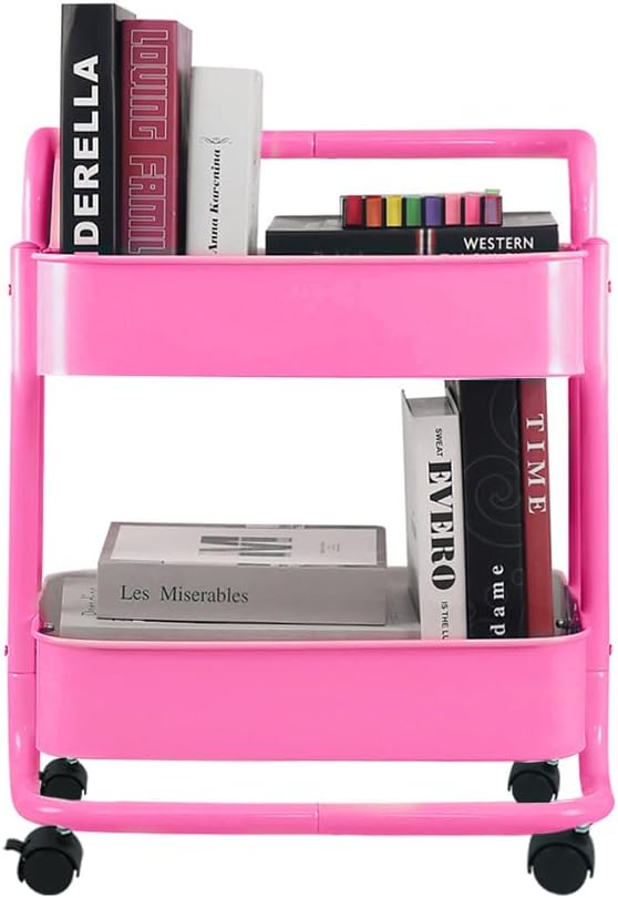Melody House 2-Tier Metal Mesh Rolling Cart Storage Organizer with Utility Handle and Wheels, Multi-Functional Storage Trolley for Office Living Room Kitchen, Pink
