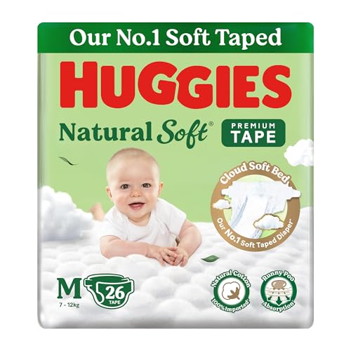 Image of Huggies Natural Soft Premium Tape Diapers Medium (M) Size, 7-12 kgs,26 Count | Our No.1 Soft Taped Diaper with Cloud Soft Bed and Runny Poo Absorption