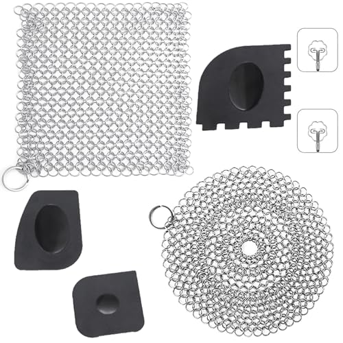 2 Gusseisenreiniger Aus Edelstahl Ringreiniger Edelstahl mit Robustem Kunststoff Grillschaber und Selbstklebende Haken für Reinigen von Dutch Oven Zubehör anderen Utensilien