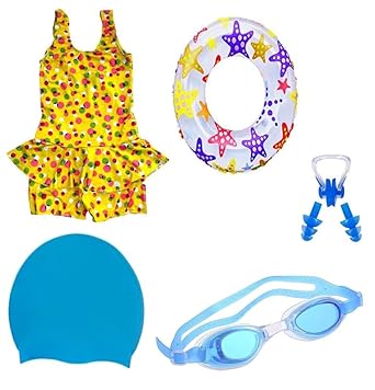 Svnfoxx Swimming Costume for Girls with Goggles Cap 2 Earplug Nose Clip Swim Ring Baby Girls Swimming Kit