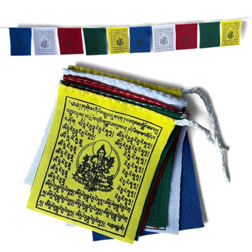 Mini Green Tara Prayer Flags – Set of 10 (Approx. 3 × 4 Inch Each) Hand-Printed in Nepal on Cotton Fabric | Ideal for Altar, Window or Travel Decor