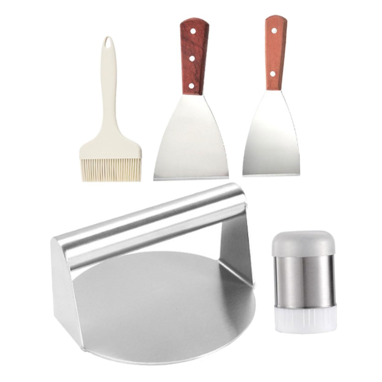 PRETYZOOM Set Accessori Bbq 5 Pezzi in Acciaio Inossidabile Pressa per Hamburger, Spatola, Pennello, Bottiglia di Condimento e Griglia per Carne Esterno