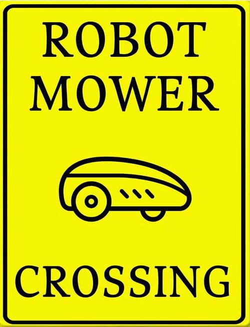 Cartello in metallo giallo con robot tosaerba, cartello di avvertimento giallo robot tosaerba decorazione di attenzione per recinzione prato giardino strada, 20 x 30 cm, robusto alluminio antiruggine