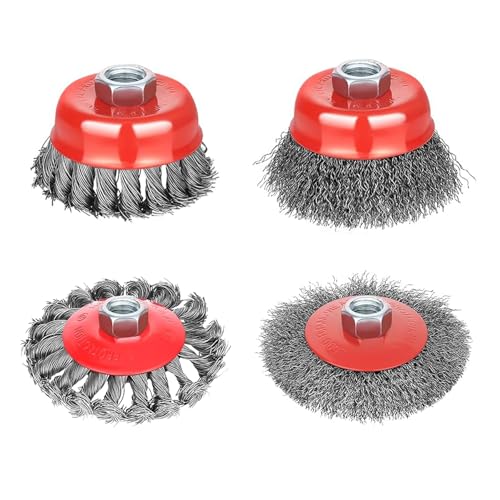 Gaquolam Wire Wheel Brush for 4 1/2 Angle Grinder 5/8-11 Thread Arbor 4 & 3 Inch Twist Knotted Coarse Crimped Wire Brushes (4pcs Wire Wheels)
