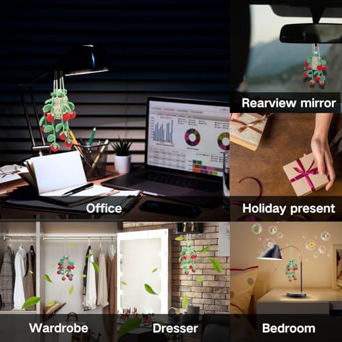 Image of ROFIGL Handmade Crochet Hanging Car Air Freshener - Sweet Cherry Charm with 12ml Refillable Glass Essential Oil Bottle, Cute Car Accessories for Women & Bedroom Floral Decor