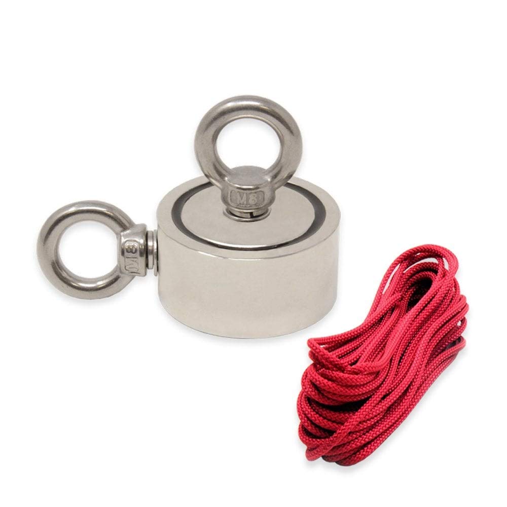 N42 Aigneur de Pot N42 Avec Des Boulons D'Œil 2X M8 et Une Corde de 10 M Pour la Pêche á L'Aimant, la Récupération et la Chasse Au Trésor - 60mm dia x 22mm - 120kg de Traction