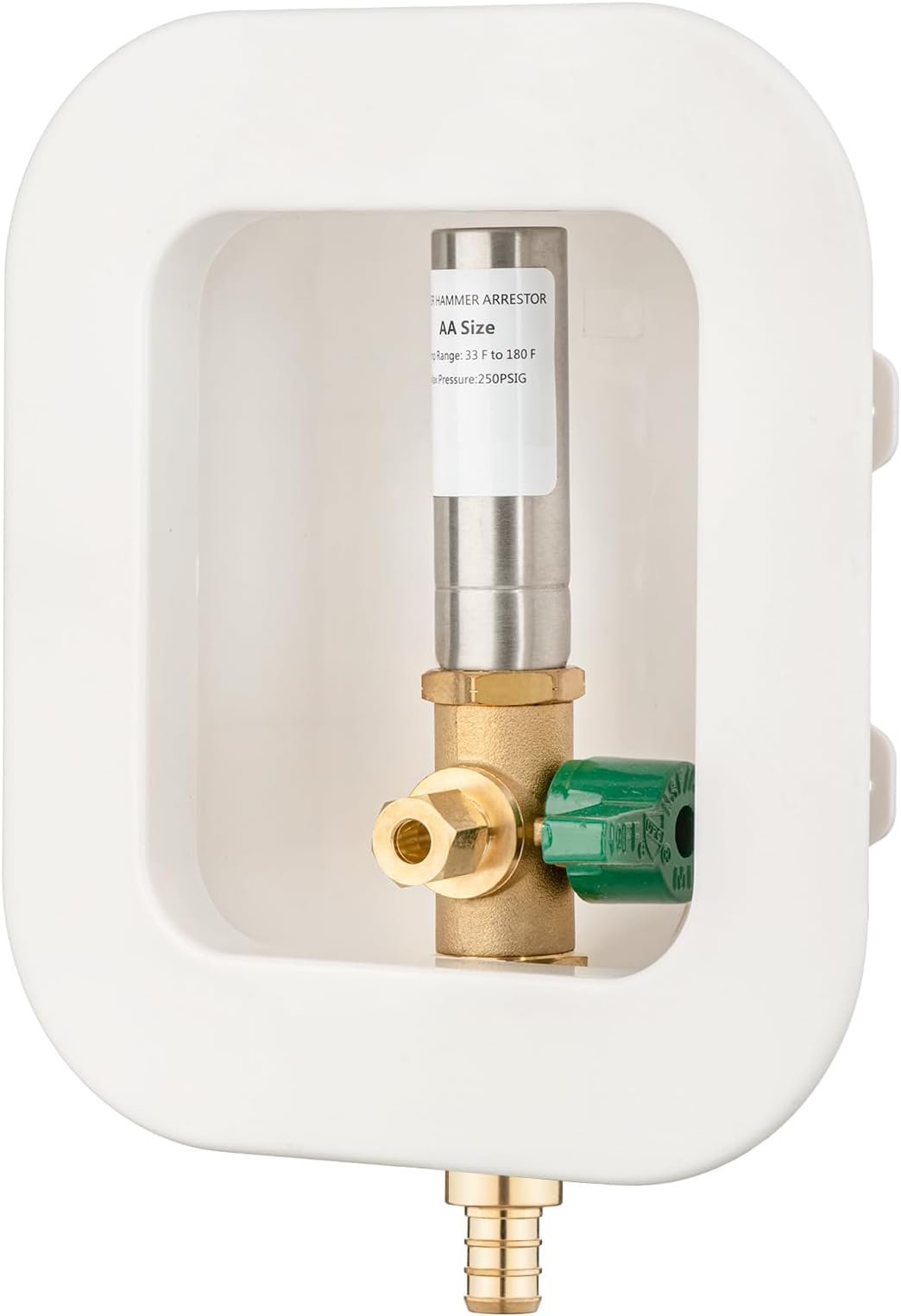 (1 Pack) Lidertik 1/2 inch Crimp PEX-B Pre-Assembled Ice Maker Outlet Box Valve 1/4 inch Recessed Refrigerator Water Line Wall Box with Shut Off Valve and Stainless Steel Water Hammer Arrestor 621-LK