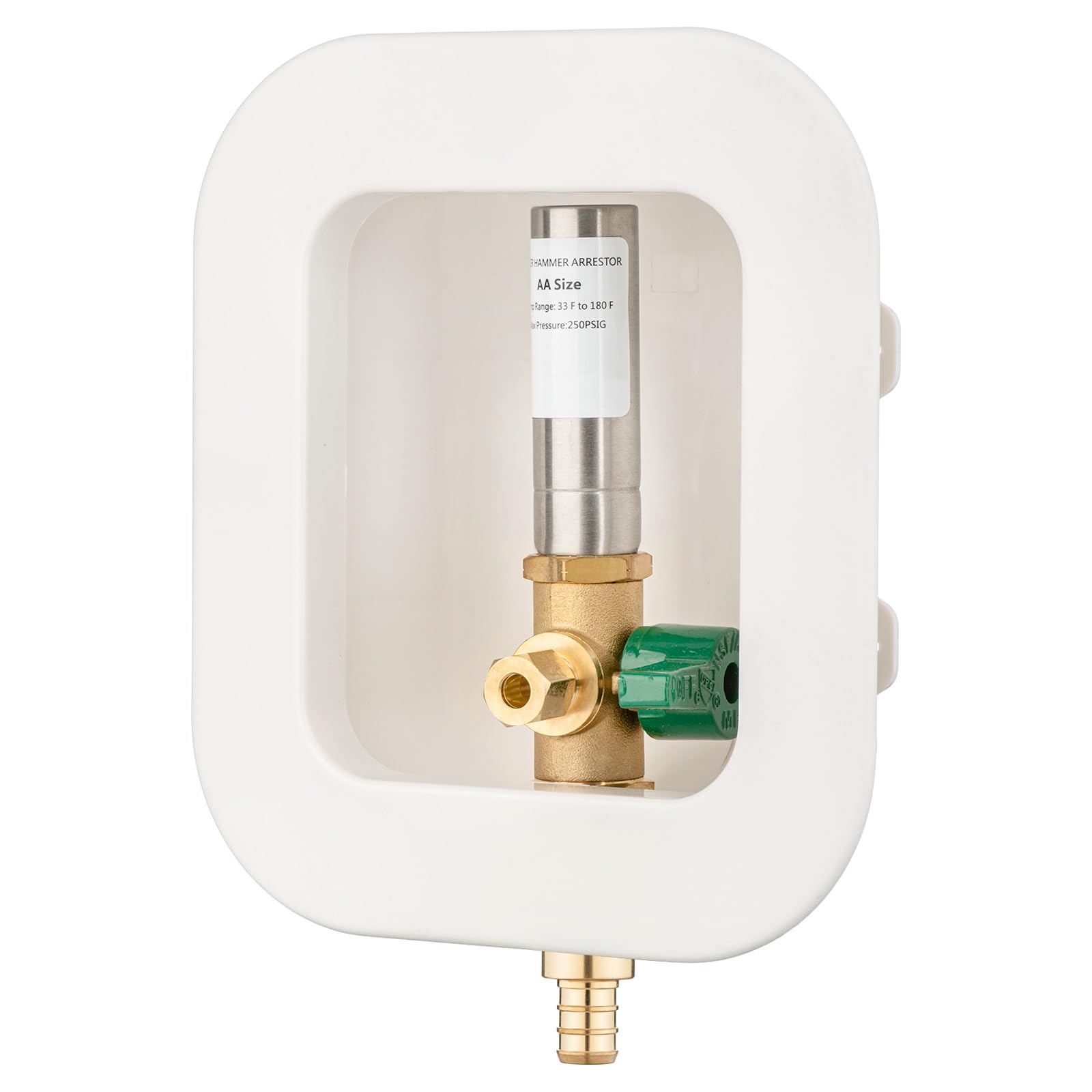 (1 Pack) Lidertik 1/2 inch Crimp PEX-B Pre-Assembled Ice Maker Outlet Box Valve 1/4 inch Recessed Refrigerator Water Line Wall Box with Shut Off Valve and Stainless Steel Water Hammer Arrestor 621-LK