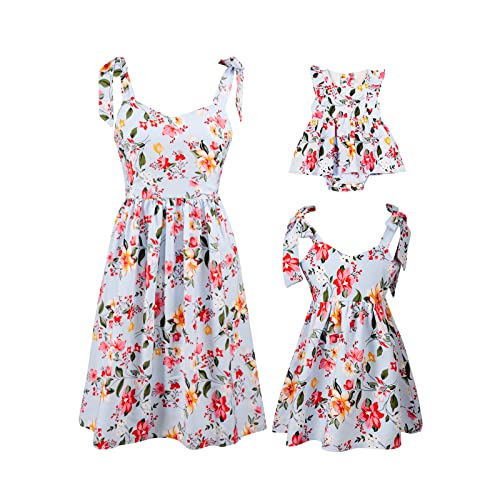 PopReal Mommy and Me Dresses Floral Mom and Daughter Matching Outfits Spaghetti Strap Sleeveless Dress Beach Mini Sundress Light Blue 9-12 Months