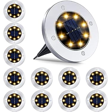 AMAZON - Solar Ground Lights – 12 Pack 8LED Solar Garden Lights Outdoor Waterproof Sidewalk Disk Bright In-Ground Landscape Lighting for Lawn Patio Pathway Yard Steps Deck Walkway Light (Warm White) (12 Packs)