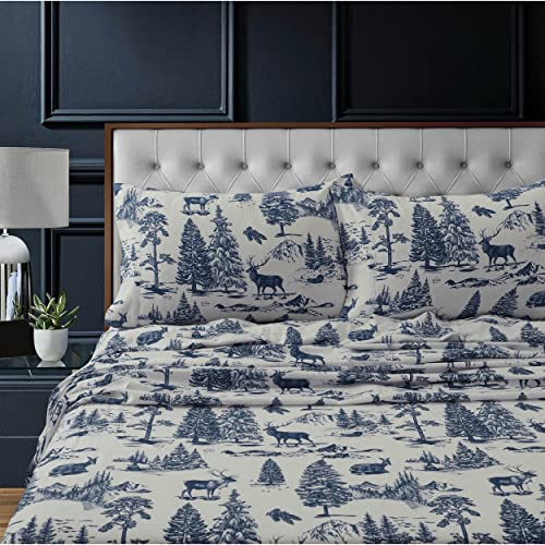Tribeca Living 100% Cotton Flannel Sheet Set - 200 GSM, Deep Pocket, Ultra Soft & Cozy, Queen, Deer Toile Navy