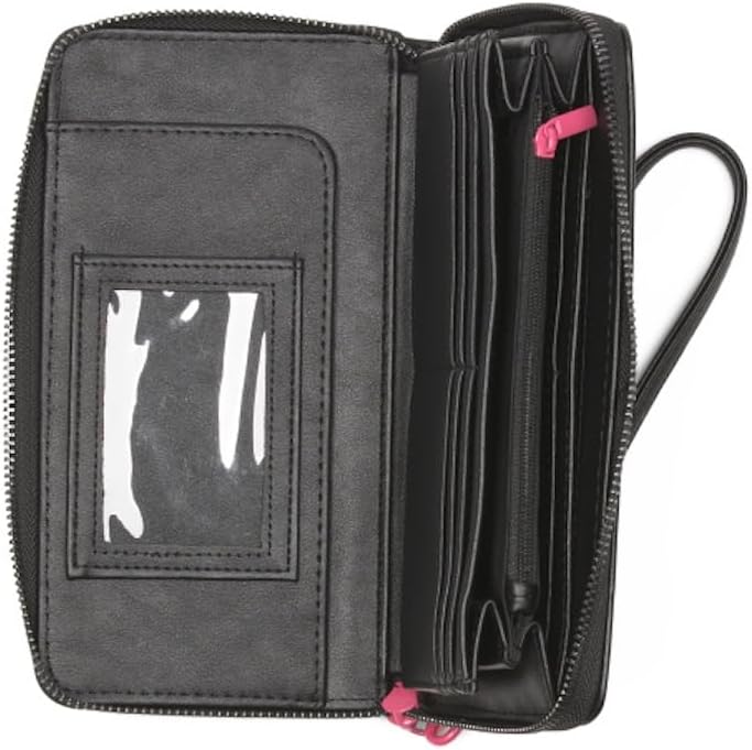 Betsey Johnson Multi Heart Embossed Wristlet, Black with Colorful Hearts, Zip Closure, 8x4.5 Inches, Card Slots and ID Window