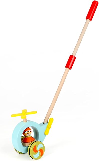 Jacootoys Helicopter Push and Pull Along Wooden Baby Toddler Walking Toy with Detachable Stick for 1 2 years old 24 Inch