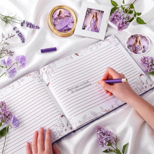 Image of MotiMind Quinceanera Guest Book with Pen 11 x 8 Inch Libro De Firmas Para 15 Anos Quinceanera Leather Hardcover Signature Guest Sign in Book for 15th Party Favors Decoration(Dark Purple,Vintage)