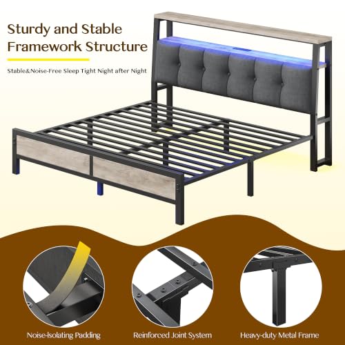 Image of Homkdom Queen Bed Frame with Upholstered Headboard & Charging Station