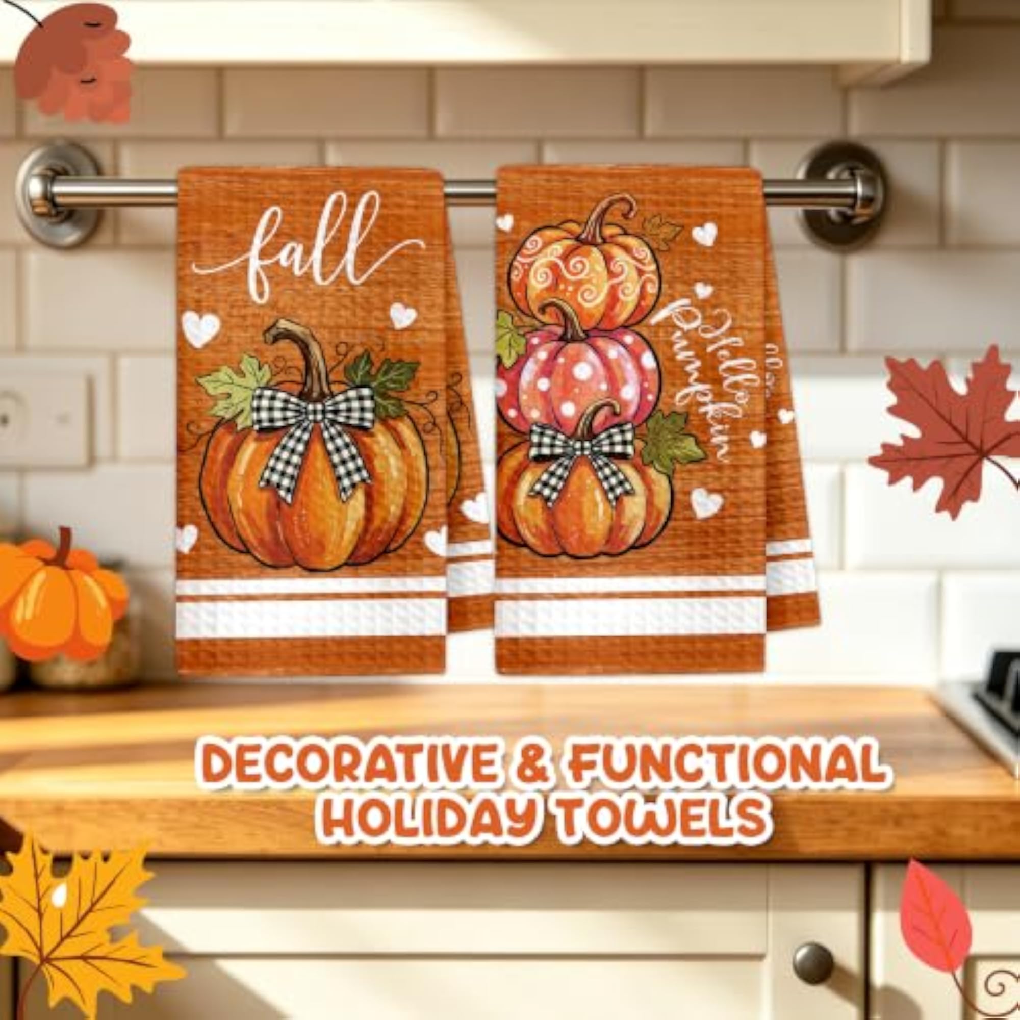 Fall Kitchen Towels, Pumpkin Maple Leaves Decor