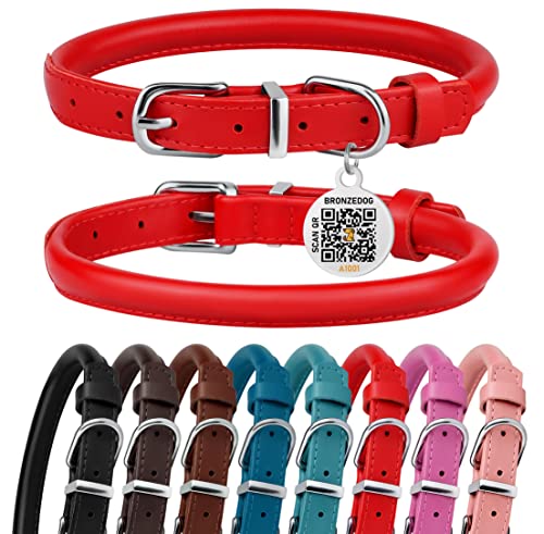 BRONZEDOG Gerolltes Leder-Hundehalsband, langlebig, Metallschnalle, rund, Haustierhalsbänder für kleine, mittelgroße und große Hunde, Welpen, Schwarz, Braun (43,2 - 48,2 cm, Rot) Cover