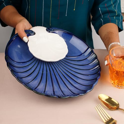 Image of The Earth Store Blue Sea Shell Ceramic Platter Set of 1 | Microwave & Dishwasher Safe Chip and Dip Serving Platter for Snacks, Starter, Fruits, Salad, Sweets & Appetizers