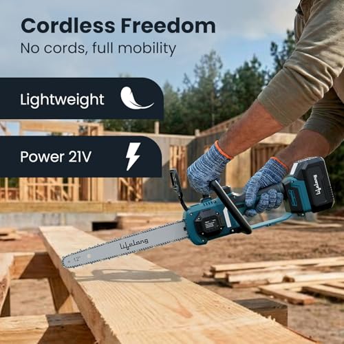 Image of Lifelong 21V Cordless Chainsaw Machine | Brushless Motor | 12 inch Guide Bar | 5000 RPM | 2 x 4.0Ah Batteries | Tree Cutter Tool | Wood Cutting Machine Home | Wood Cutter Tool Machine | Gardening DIY Use