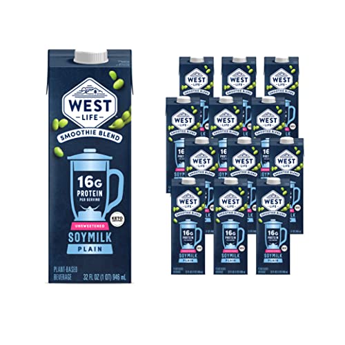 West Life Smoothie Blend Soy Milk, Unsweetened Plain, 16g of Protein, Vegan Dairy Alternative, Lactose-Free, Keto Certified, 32oz (Pack of 12)