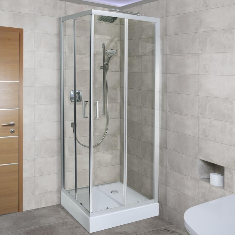 Belvit® Duschkabine Eckdusche 100x100x200 cm mit Schiebetüren | mit Duschwanne, 4 mm ESG Klarglas, verchromte Profile, Antikalk Nano Beschichtung, Duschabtrennung Eckeinstieg