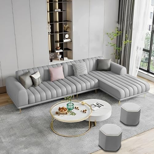 Image of Casaliving Herrick RHS 6 Seater L Shape Sofa Set with 2 Puffy for Living Room (Grey) Premium Velvet Fabric Sofa
