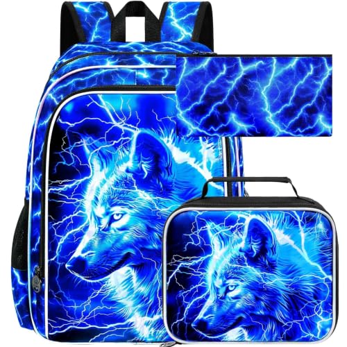 Image of 3Pcs Wolf Backpack for Boy, 17 inch Lightning Bookbag for Elementary Preschool Kindergarten, Kids School Backpacks with Lunch Box (Blue)