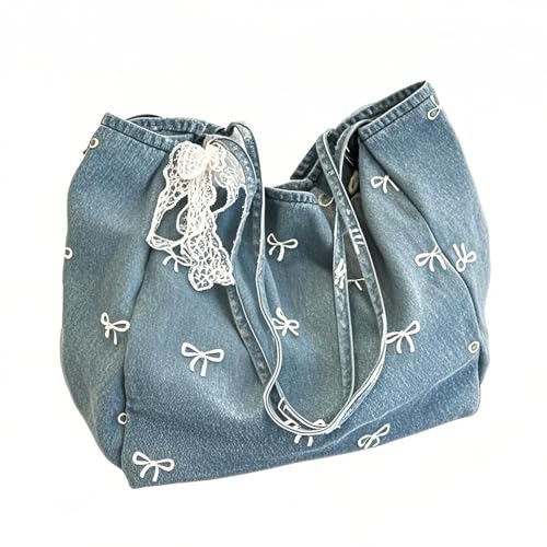Bolso Tote grande de lona azul con moño blanco miniatura 1