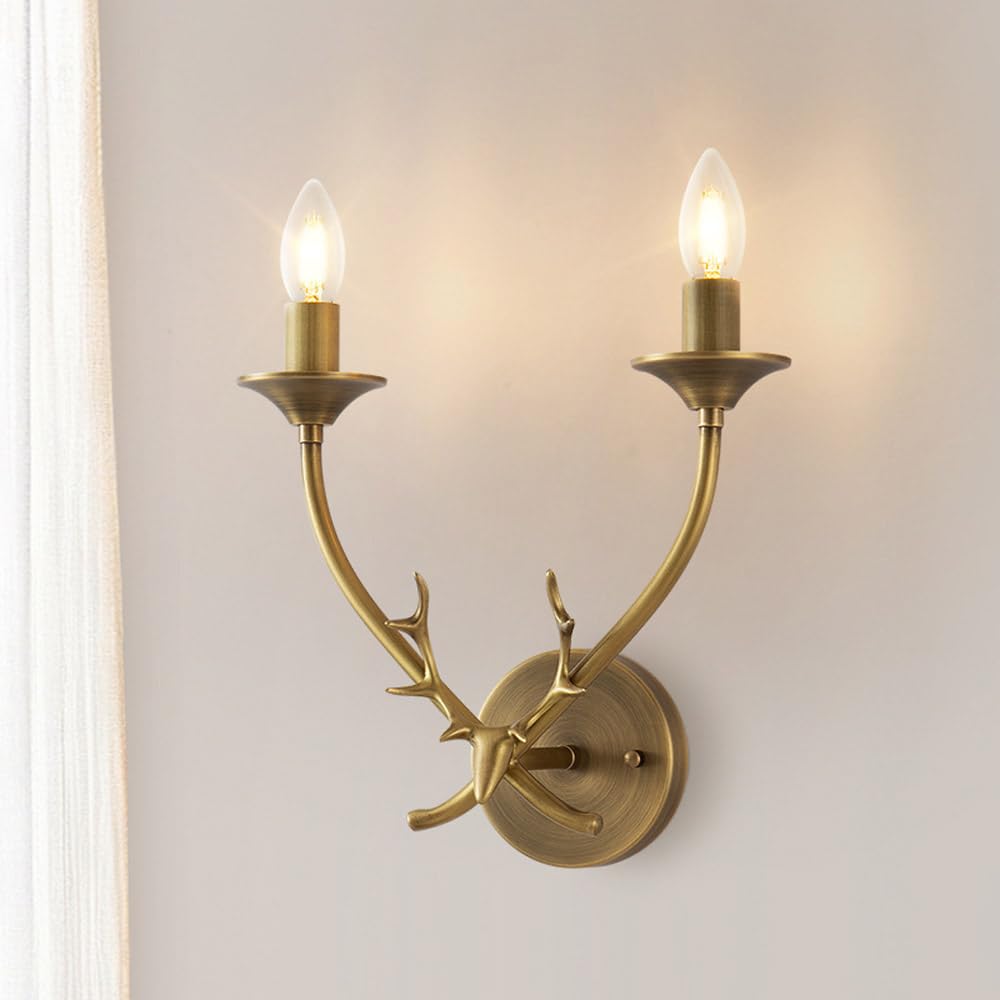 HPTHLY Brass Candle Wall Sconces - 2 Lights Vintage Gold Indoor Wall Lamps, Classic Antler Design For Bedroom, Living Room & Hallway - Hardwired Decorative L