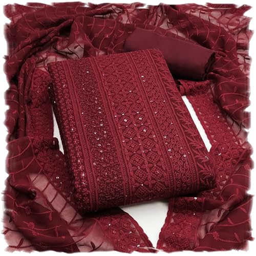 Image of Sidhidata Women's Faux Georgette Full Embroidery Lucknowi Chikankari Schiffli Work Unstitched Salwar Suit Dress Material With Embroidered Dupatta (DM Lucknowi Free Size)