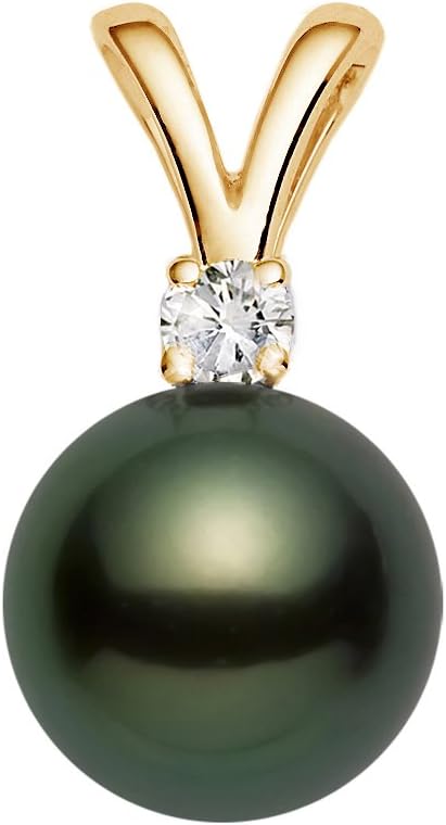 PremiumPearl 14K Yellow Gold AAAA Quality Black Tahitian Cultured Pearl Pendant for Women with Diamond