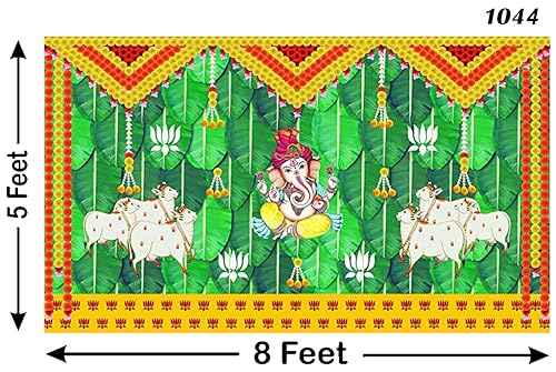 Image of Banana Leaf and Marigold and Lotus Flower with Cows and Ganesh ji Design Backdrop Cloth for Pooja Decoration Curtain Cloth for Festival Size 5 Feet Height and 8 Feet Width(5 * 8)
