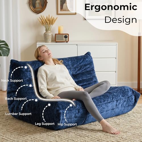 Image of Giant Bean Bag Chairs Loveseat for Adults,2 Seater,Navy Blue | Loveseat Fireside Chair, Memory Foam Lazy Bean Bag Couch for Living Room, Bedroom, Dorm, Office