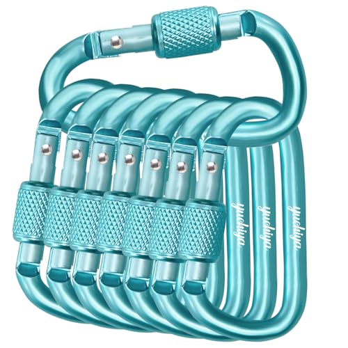 YUCHIYA 8 Pack D-Shape Carabiner Clasp with Screw Gate, 2.2 Inch Mini Keychain Clip Key Chain Buckle, Aluminum Alloy Keyrings Hook for Outdoor Hiking not for Climbing (D with Screw, Light Blue)