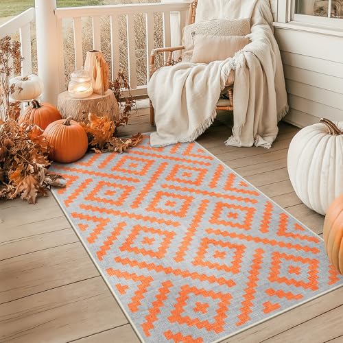 Image of GENIMO Fall Decor Outdoor Rug 3'x5' for Porch, Plastic Door Mat Orange Grey