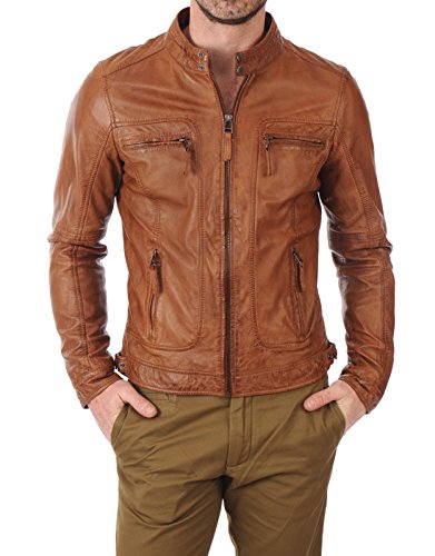 Image of D DOLLY LAMB Men's Lambskin Leather Bomber Biker Jacket - Winter Wear - Round Collar