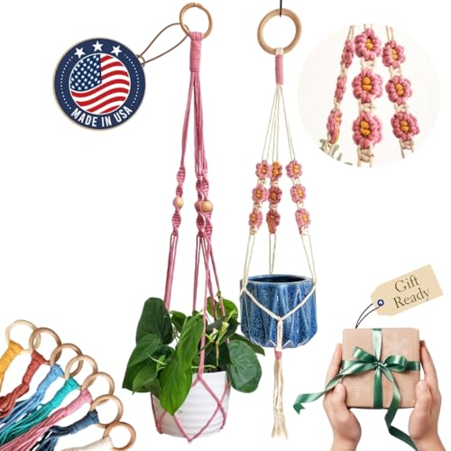 Set of 2 Macrame plant hanger with Daisies & Beads